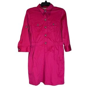 LOFT Red Utility Shirt Dress Size Small Pockets Cotton Stretch Roll Tab Sleeve‎